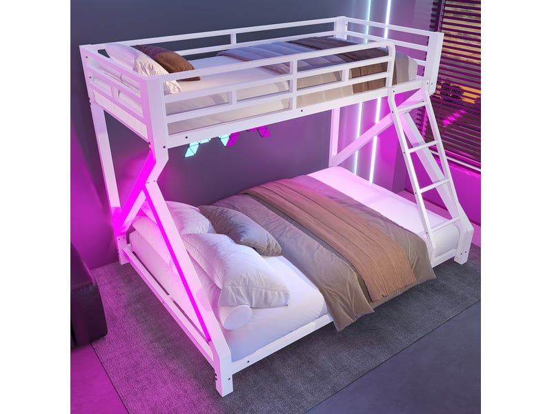Lit superposé enfant 90x200 cm et 140x200 cm en métal blanc avec led - Conforama E