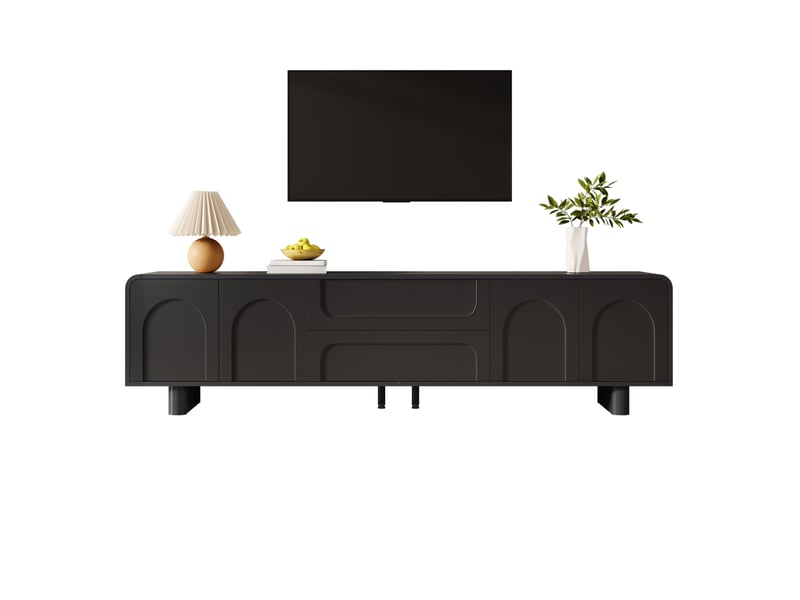  Meuble tv 180x40x46 cm design minimaliste, fini noir en panneau de particules et mdf, 2 tiroirs, 4 portes  - Conforama A