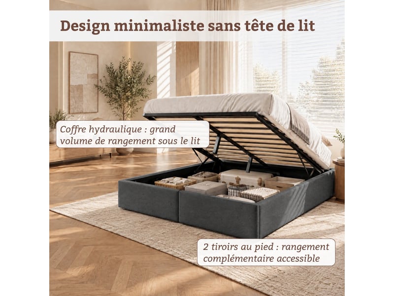  Lit coffre 160x200 sans tete de lit, cadre en lin - 12 lattes - montage rapide et facile - grand espace de rangement en dessous - capacité de charge 350 kg, lin gris  - Conforama D