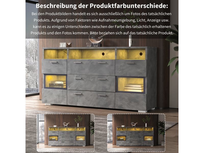  Buffet gris 140 cm avec éclairage led, portes transparentes en acrylique, 3 tiroirs, 3 niches ouvertes et contrôle par application  - Conforama D