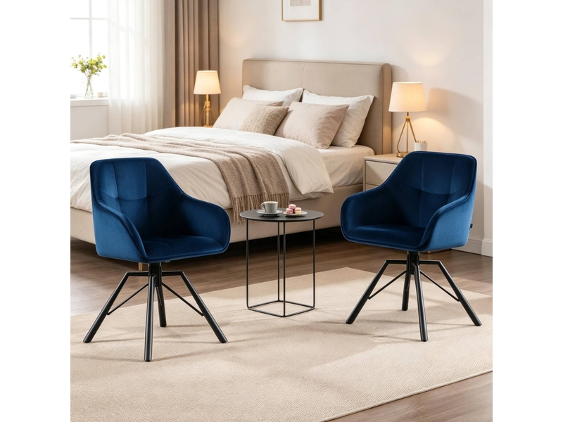  Chaise de salle à manger pivotante avec accoudoirs et dossier rembourré, lot de 2 en velours bleu  - Conforama E