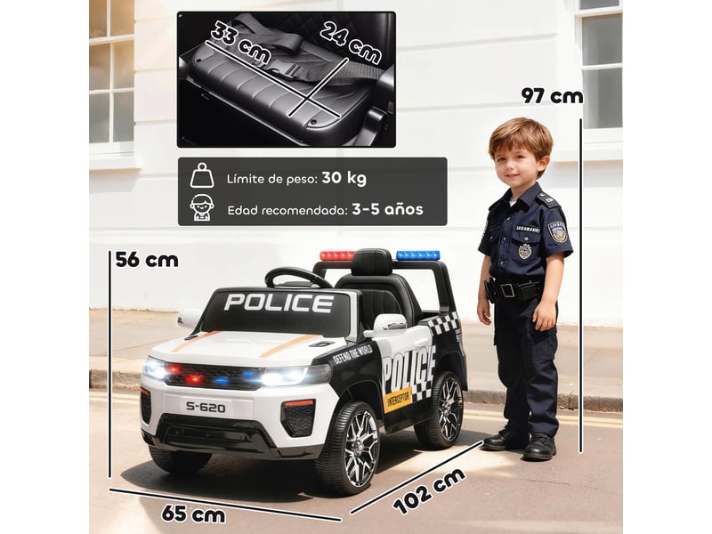  Voiture de police électrique pour enfants avec télécommande, double moteur, sirène, suspension 4 roues et phares - blanche  - Conforama E
