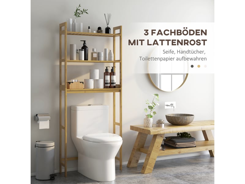  Étagère wc 3 niveaux en bambou avec dispositif anti-basculement, meuble gain de place pour salle de bain, naturel  - Conforama D