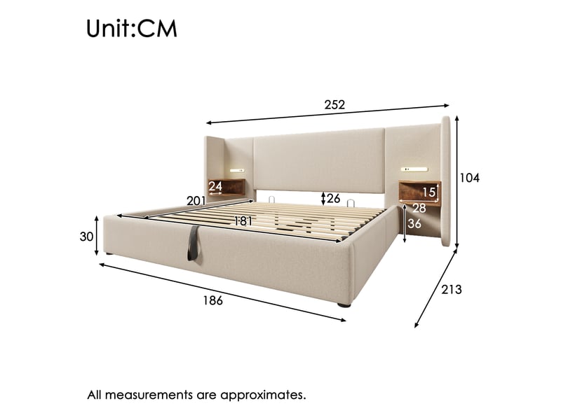  Lit double 180x200 cm – chevet intégré, lampe tactile, ports usb-c, coffre et sommier bois métal  - Conforama C