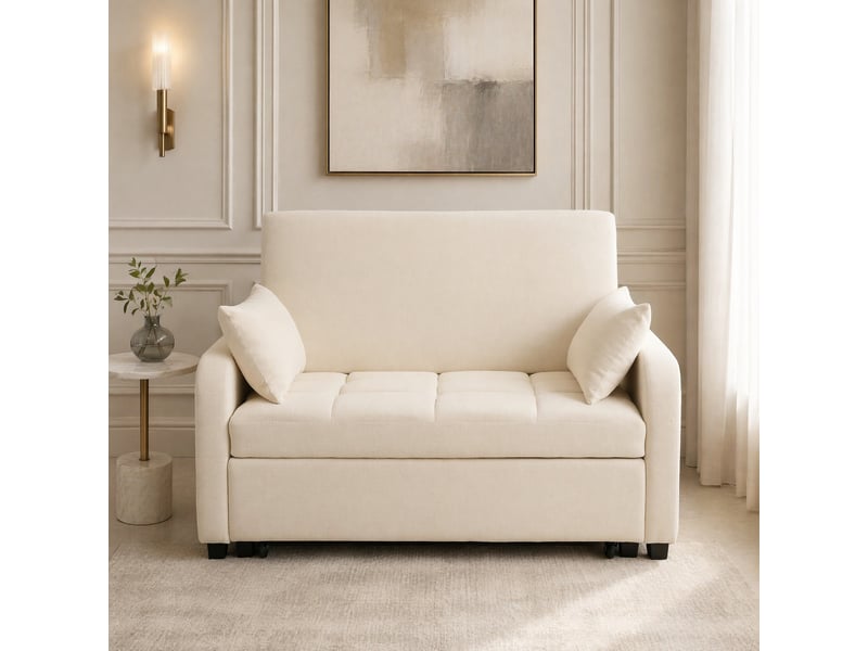  Canapé-lit convertible 2 places en tissu beige, dossier réglable 3 positions, avec 2 coussins pour petits espaces  - Conforama B