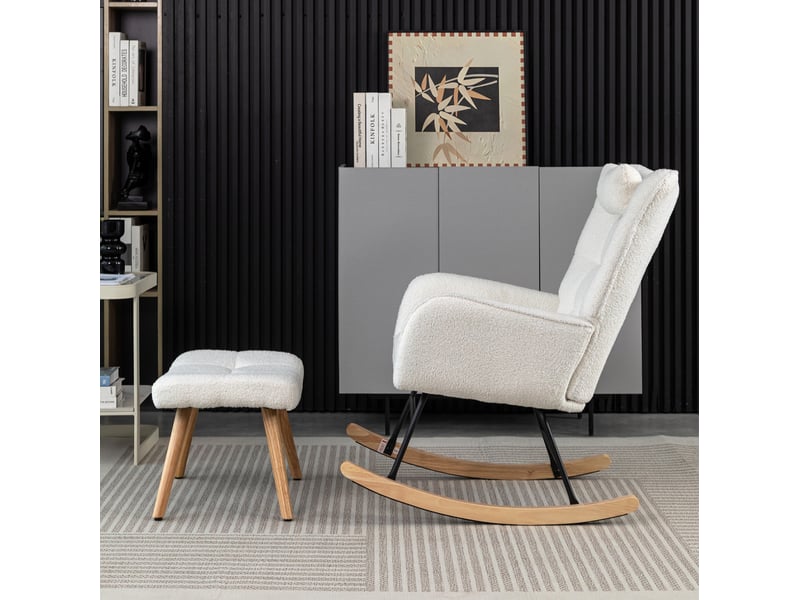  Fauteuil à bascule modenvie blanc en bouclette avec repose-pieds et coussin de tête hauteur 92 cm  - Conforama E