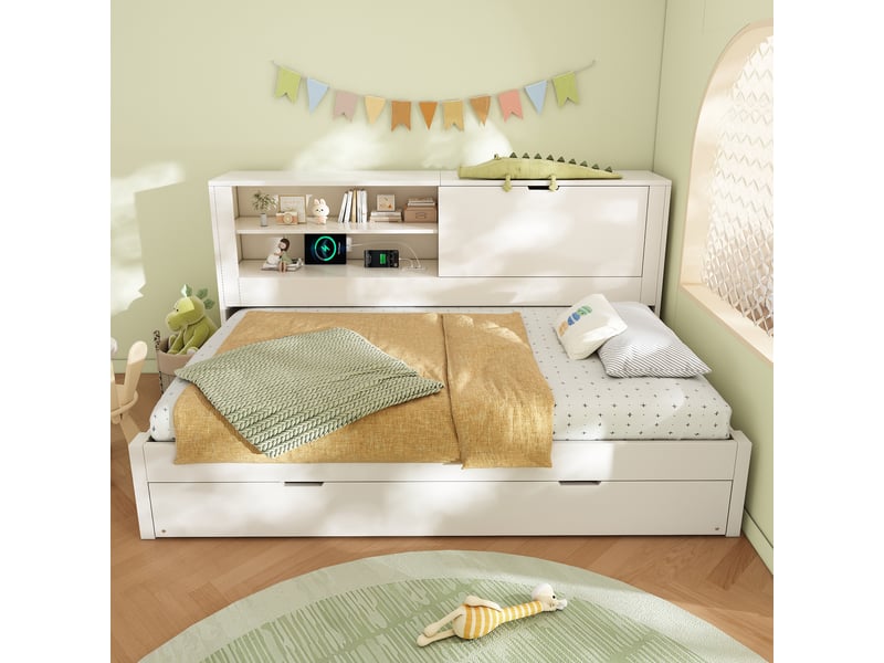 Lit gigogne 1 place en bois, rangement ouvert et fermé, usb et type-c, 90x190 cm, sans matelas, blanc  - Conforama B