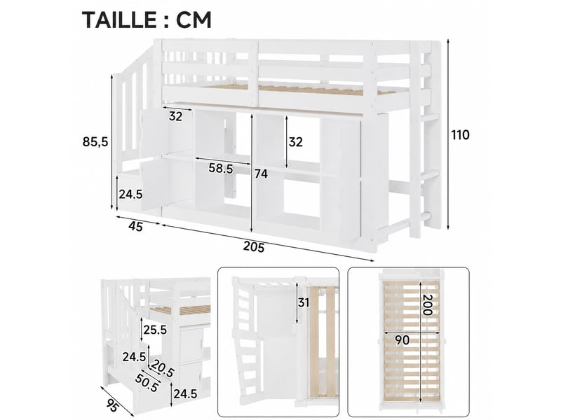  Lit mezzanine 90x200 cm avec rangements, escalier, armoires et éclairage led, structure blanche en mdf et pin  - Conforama C