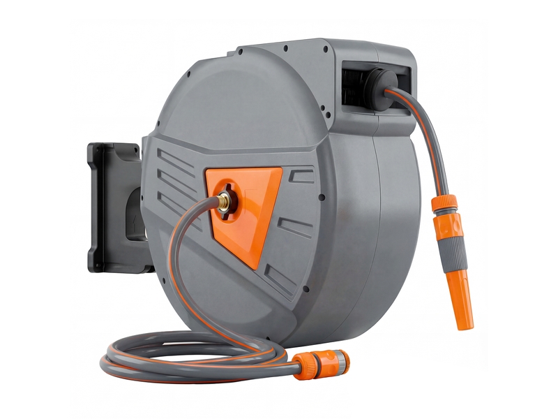  Dévidoir mural enrouleur automatique pivotant 180° tuyau 40 + 2 m avec lance arrosage 2 modes support mural intégré orange gris  - Conforama A