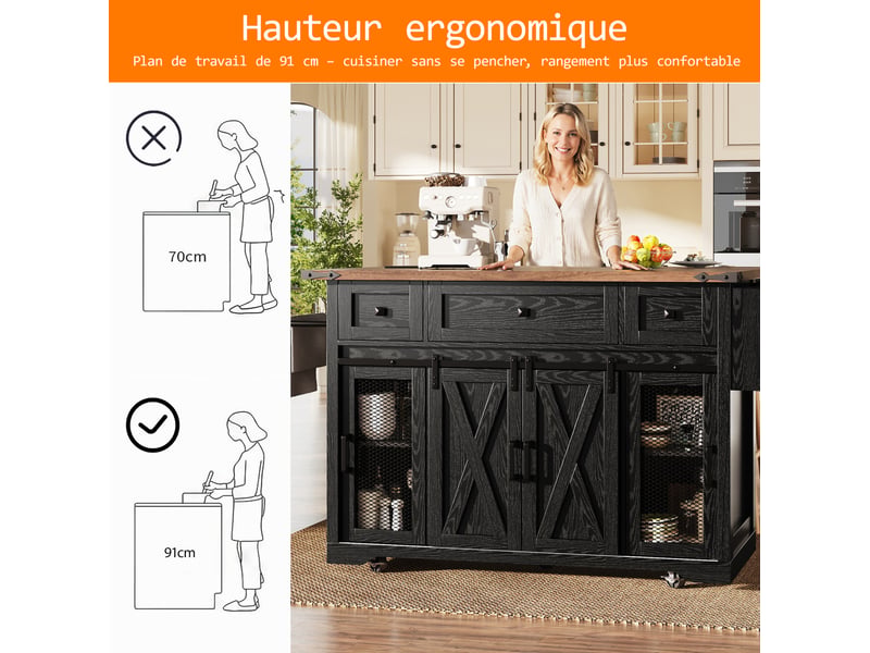  Îlot de cuisine mobile 120x45-75x91 cm avec plateau extensible, tiroirs et étagères, prise, pour cuisine, en mdf, noir  - Conforama E