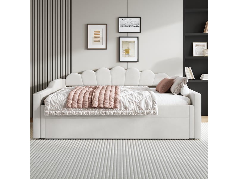  Lit d'appoint 140x200 cm rembourré, éclairage led, couchage gigogne, coloris beige, structure stable en bois  - Conforama C
