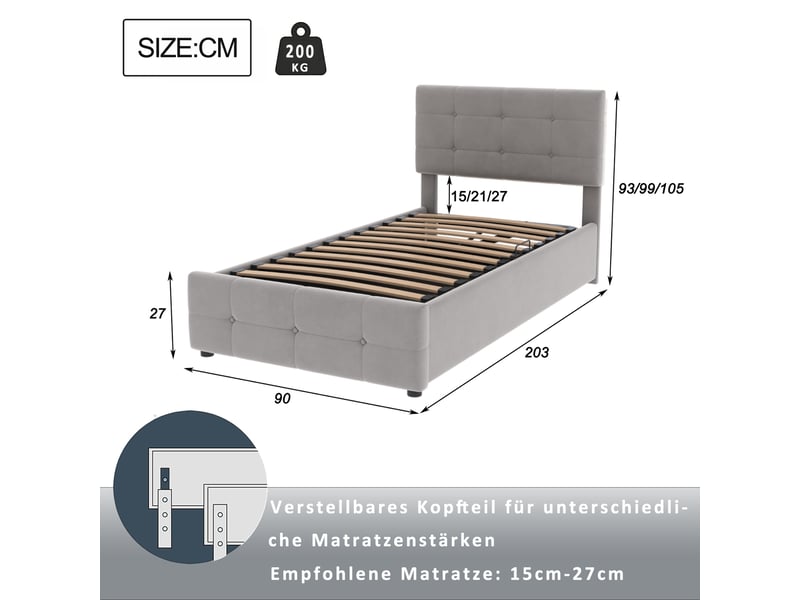  Lit enfant 90x200 cm en velours gris, tête de lit réglable et coffre hydraulique avec rangement  - Conforama C