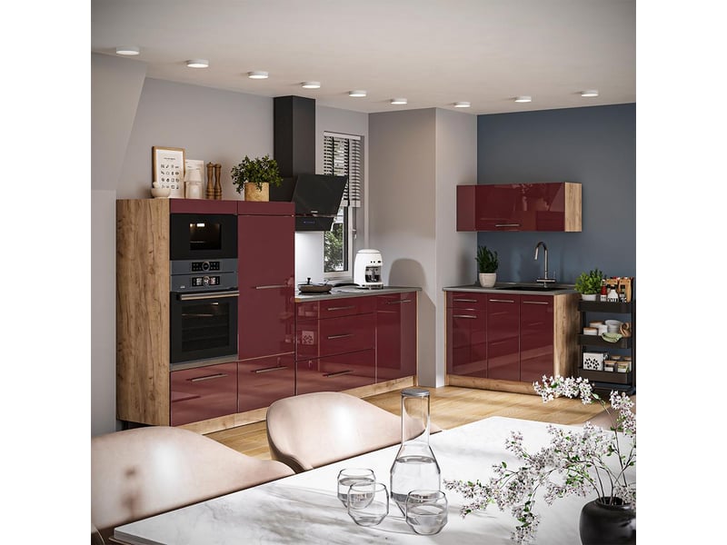  Vicco cuisine, rouge bordeaux haute brillancechêne de force doré, 380cm, pt chêne  - Conforama C