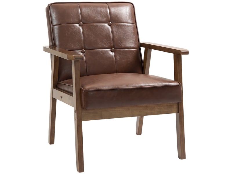  Fauteuil de salon, fauteuil de chambre en cuir synthétique, dossier capitonné, 64x73x81cm, pieds en bois massif, marron  - Conforama B