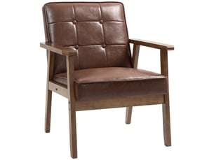 Fauteuil de salon, fauteuil de chambre en cuir synthétique, dossier capitonné, 64x73x81cm, pieds en bois massif, marron