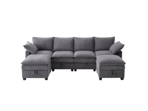 Canapé modulaire 6 places 280x152 cm – gris – rangements, ports usb, porte-gobelets et poufs amovibles