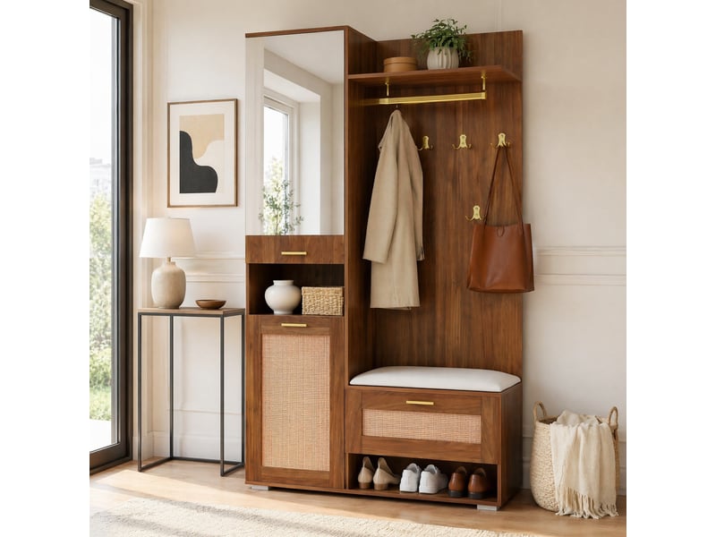  Meuble d'entrée avec miroir, 3 portes, niches led, banc à coussin et 6 patères pour couloir, 110 × 38 × 190 cm  - Conforama C