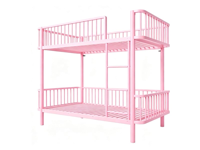  Lit superposé 90 x 200 cm structure métallique coins arrondis pieds surélevés barrière de sécurité conception gain de place finition noire et rose  - Conforama A