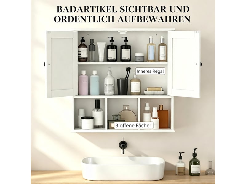 Meuble mural salle de bain, 2 portes, étagère réglable, niches ouvertes, rangement gain de place - Conforama E