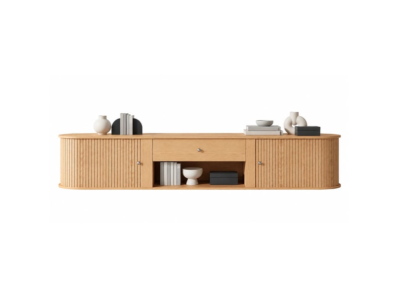  Meuble tv bas 180x40x40 cm 2 portes à rideau panneau de particules naturel  - Conforama A
