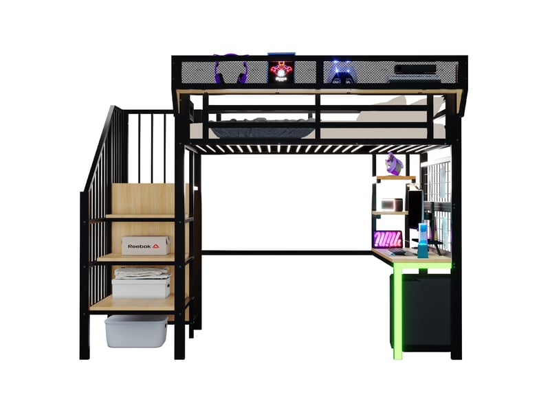  Lit mezzanine 90x200 cm avec bureau, rangements et led coloris noir  - Conforama A