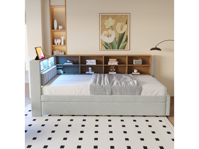  Lit gigogne 2 places avec led, usb, type-c et rangements, 90×200 cm et 90×190 cm, matelas non précisés, gris clair  - Conforama B