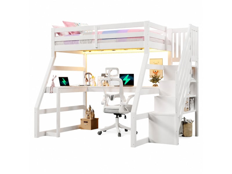 Lit mezzanine enfant 90 x 200 cm blanc avec bureau, led, usb et escalier de rangement - Conforama A