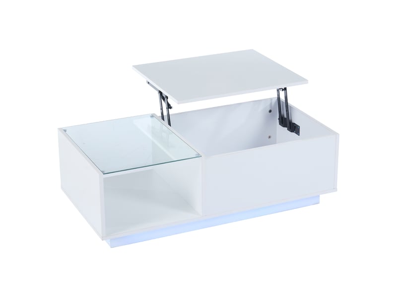 Table basse led relevable avec rangement caché, plateau en verre trempé, 100x50x33cm, blanc - Conforama A