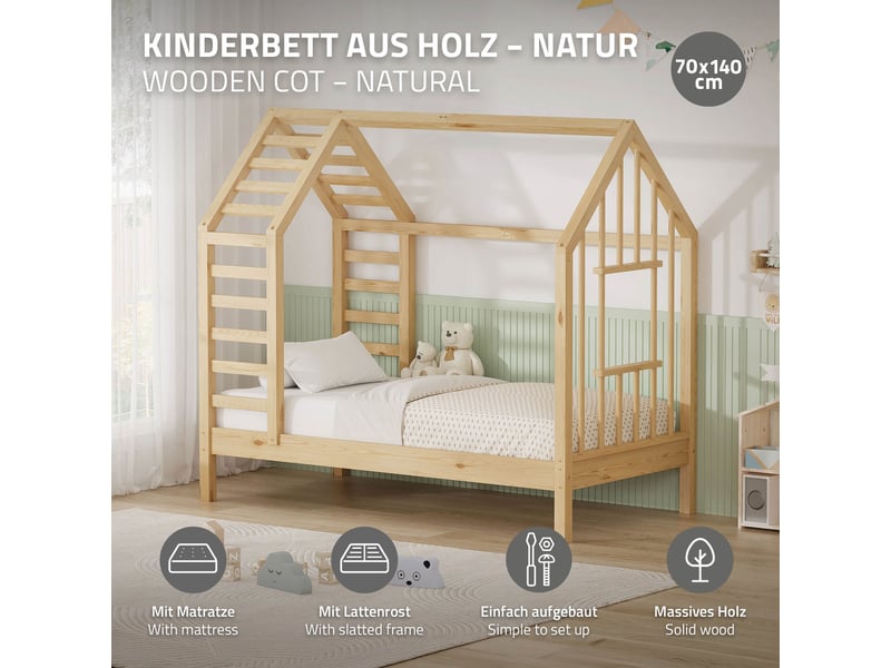  Ml-design lit cabane enfant avec matelas et sommier en bois de pin massif 70x140 cm, naturel, forme de maison avec toit et fenêtre, cadre montessori robuste pour filles et garçons, charge max. 80 kg ECD Germany GmbH - Conforama B