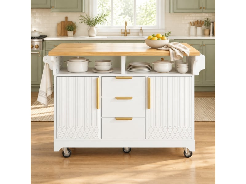  Îlot de cuisine mobile à plateaux rabattables et rangement - lpospi - 3 tiroirs, roulettes, mdf blanc  - Conforama B