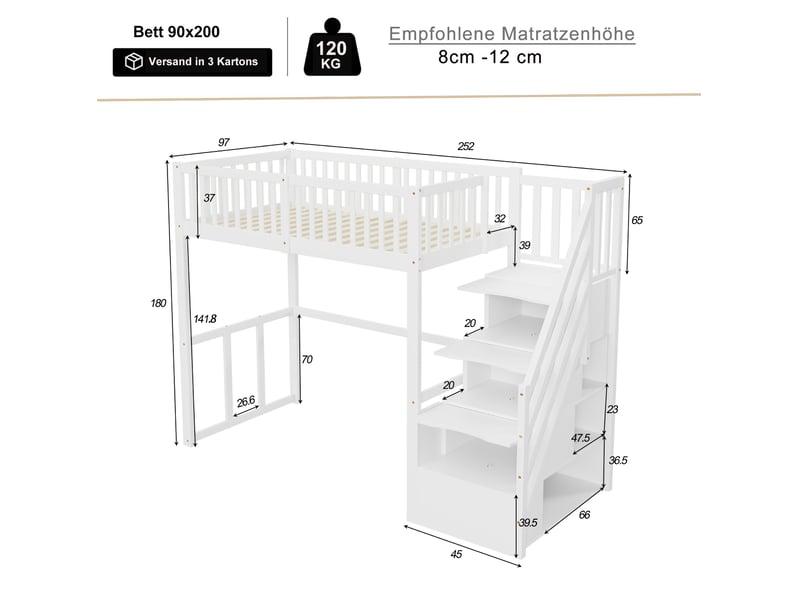  Lit mezzanine 90x200 cm, design moderne, espace de rangement, avec escalier de rangement, bois, blanc, sans matelas  - Conforama C