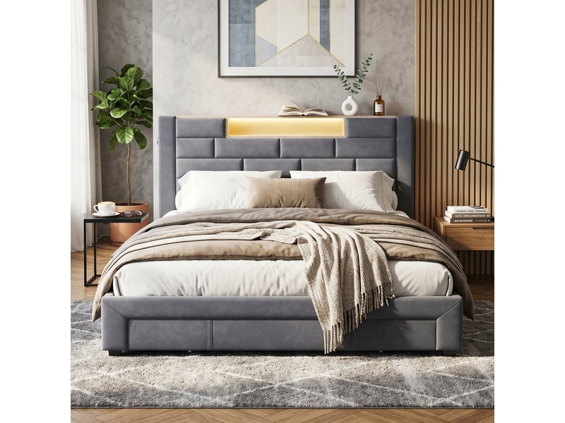 Dreammespace lit adulte 140x200 cm avec meuble de rangement 3 tiroirs, étagère led & prises usb type-c, cadre velours gris DreamMespace - Conforama B
