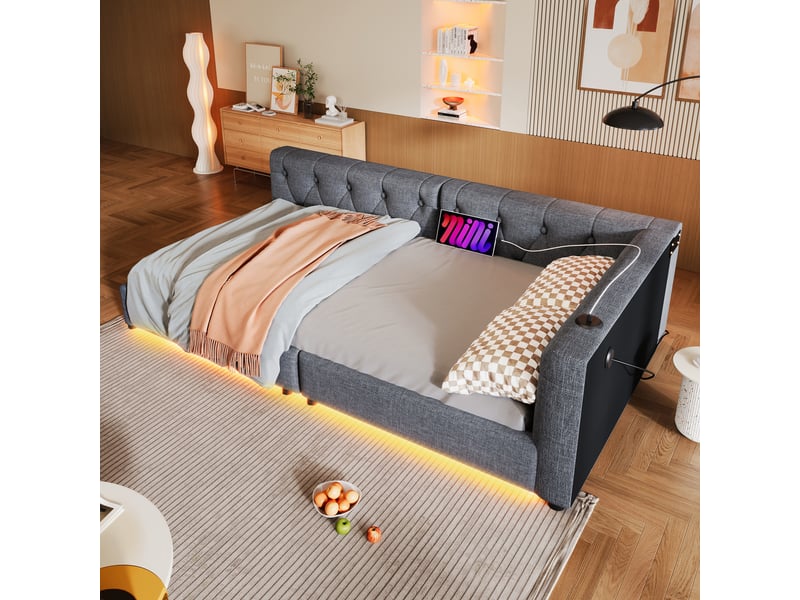  Canapé-lit 90 x 200 cm avec usb + type-c, lit simple avec led éclairage, lit adulte, lit 1 personne, gris, tête de lit capitonnée  - Conforama D