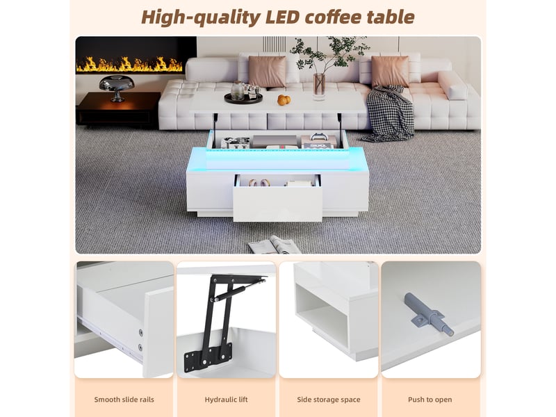  Table basse, à plateau relevable, avec éclairage led, avec 1 tiroir, 96 x 45 x h 40–55 cm, blanc, rangement pratique, finition brillante, pour salon Luxe haut de gamme - Conforama D
