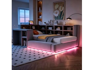 Lit à structure moderne 90 x 200 cm avec taie de protection, espaces de rangement multi-niveaux, éclairage led, prises intégrées tête de lit, tablette de chevet, dossier rembourré, gris foncé