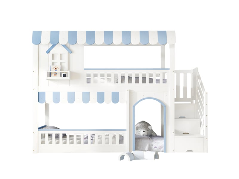  Lit superposé enfant 90x200cm, lit avec rangement, escalier et fenêtres décoratives, mdf, blanc et bleu sans matelas  - Conforama A