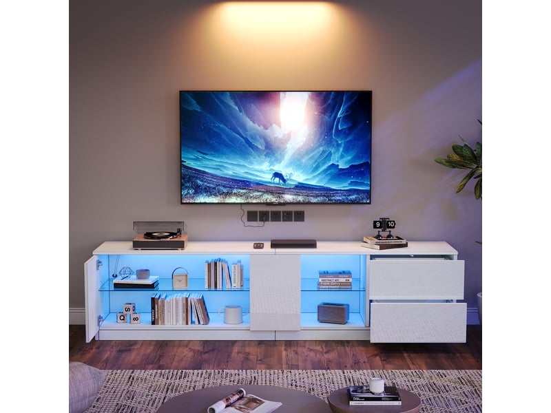  Meuble tv 160 cm blanc laqué avec led, support pour téléviseur 65 pouces, 2 tiroirs et 1 porte  - Conforama D