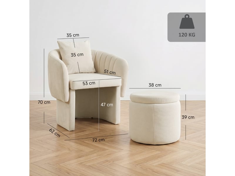  Fauteuil avec pouf et coussin lombaire, dossier enveloppant pour salon, revêtement en chenille de polyester beige  - Conforama D