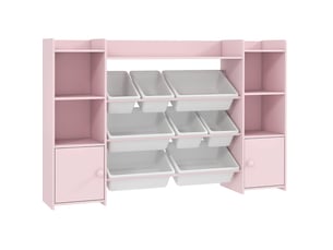 Meuble de rangement enfant 140x30x90 cm rose en mdf et métal, 8 boîtes amovibles pour jouets et livres