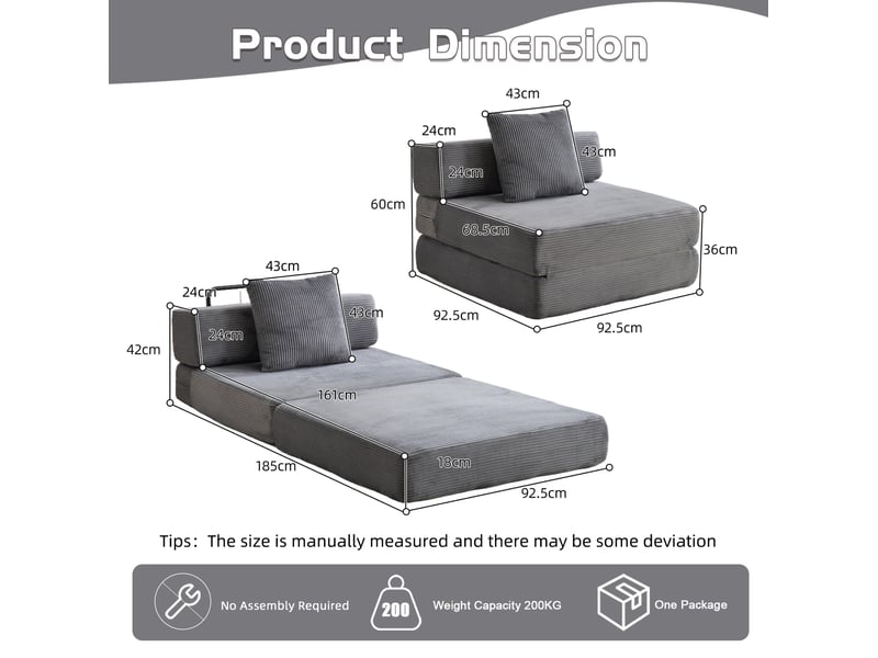  Canapé convertible 1 place modenvie pliable en lit d'appoint en velours côtelé gris foncé 92,5 x 92,5 x 60 cm  - Conforama C