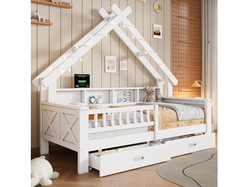  Lit pour enfant cabane, 90x200 cm, lit maison, avec led, barrière de sécurité, matelas non inclus, mdf, coloris blanc  - Conforama E