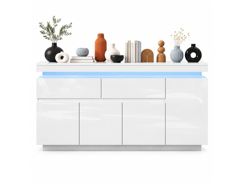 Buffet bas blanc 140 x 35 x 72,5 cm avec 2 tiroirs, 4 portes, éclairage led et port usb - Conforama A