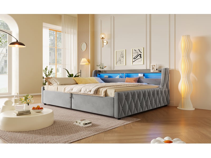  Lit coffre 140 × 200 cm, rangement hydraulique, tête avec led multicolore, sommier à lattes, velours et mdf, gris  - Conforama B