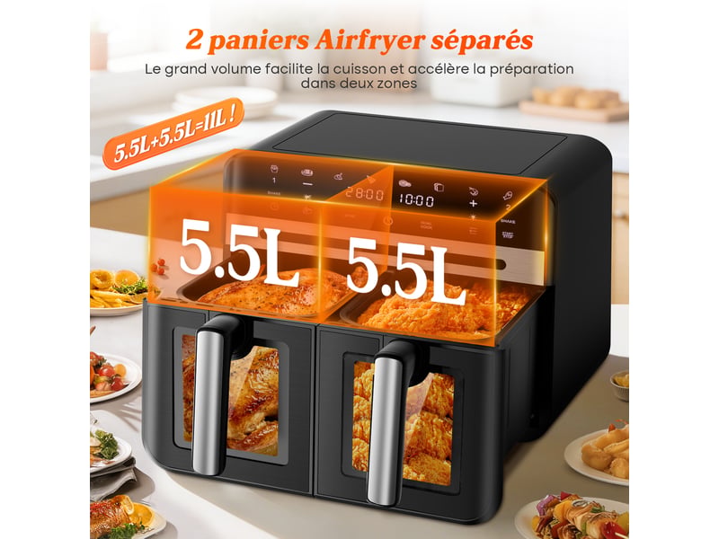  Friteuse à air chaud à 2 compartiments, 2 tiroirs, airfryer 11l avec fenêtre de visualisation, écran tactile, 8 programmes préréglés, réglage de température indépendant, paniers métalliques antiadhésifs, 5.5l+5.5l, cuisson saine…  - Conforama B