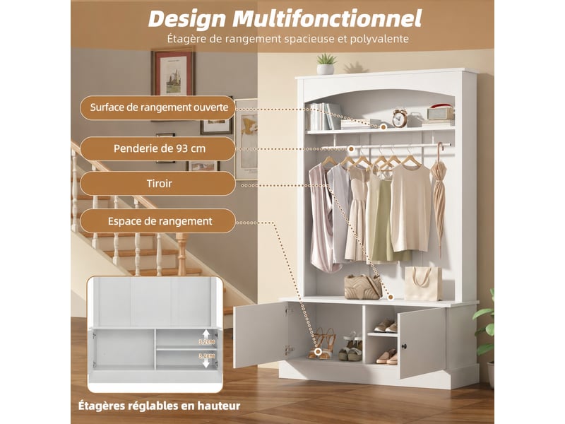  Meuble d’entrée blanc avec banc à chaussures, penderie, rangements réglables, 120 x 40 x 190 cm, blanc  - Conforama D