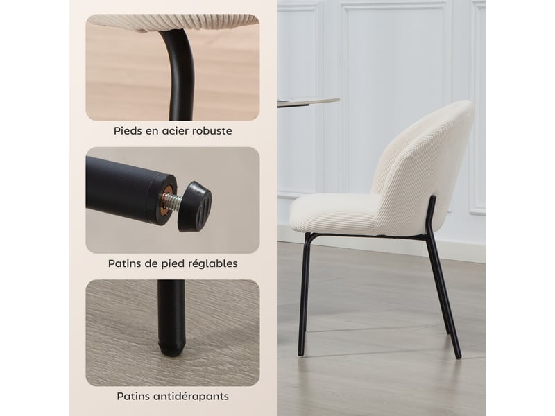  Lot de 2 chaises de salle à manger en velours côtelé, chaises de cuisine avec pieds en acier, 56x58x78cm, crème  - Conforama R