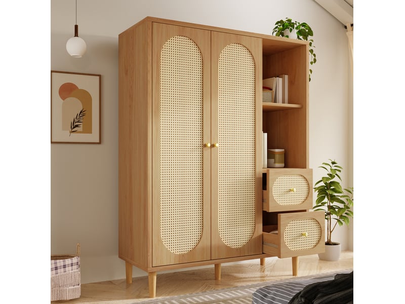  Armoire 120x44x161 cm bois couleur chêne, 2 portes, 2 tiroirs  - Conforama B