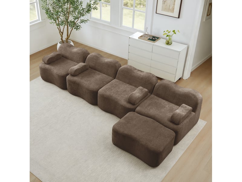  Canapé d'angle modulable ulevr 4 places avec pouf, 384 x 167 cm, velours marron, forme vague  - Conforama D