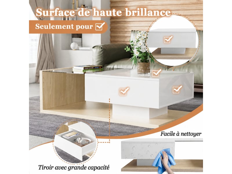  Table basse blanche brillante et effet bois avec éclairage led 16 couleurs, 105 x 55 cm  - Conforama E