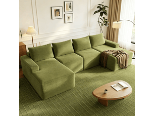 Canapé d'angle modulable 4 places avec méridienne, velours côtelé vert, design moderne pour salon élégant